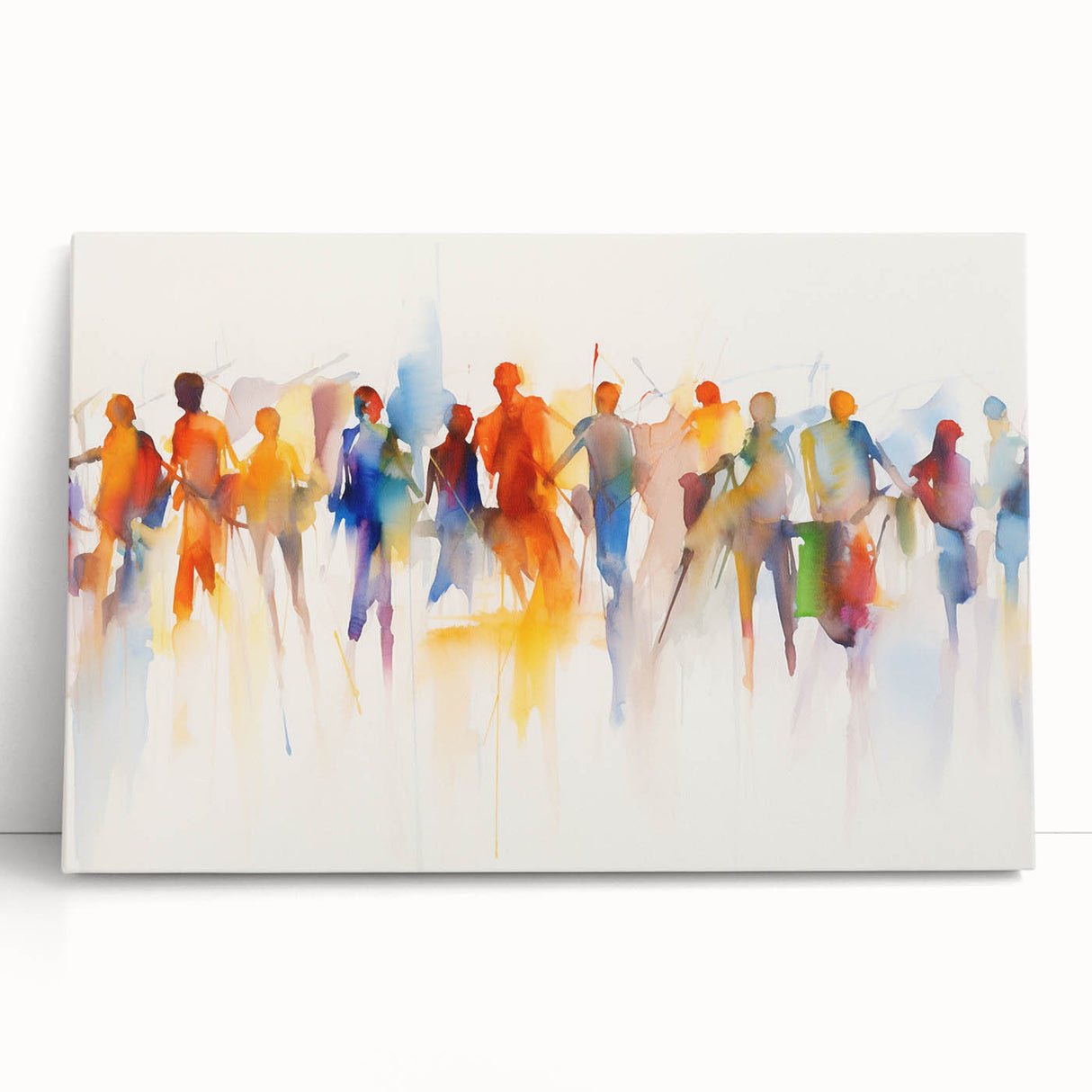 Abstract figurative wall art design on stretched canvas, showcasing vibrant colors and dynamic shapes, ideal for modern home decor.