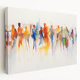 Stretched canvas wall art featuring an abstract figurative design with vibrant colors and fluid shapes, showcased from a side view for depth.