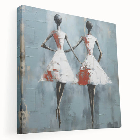 Abstract figurative design wall art collection on stretched canvas, showcasing vibrant colors and dynamic shapes from a side view perspective.