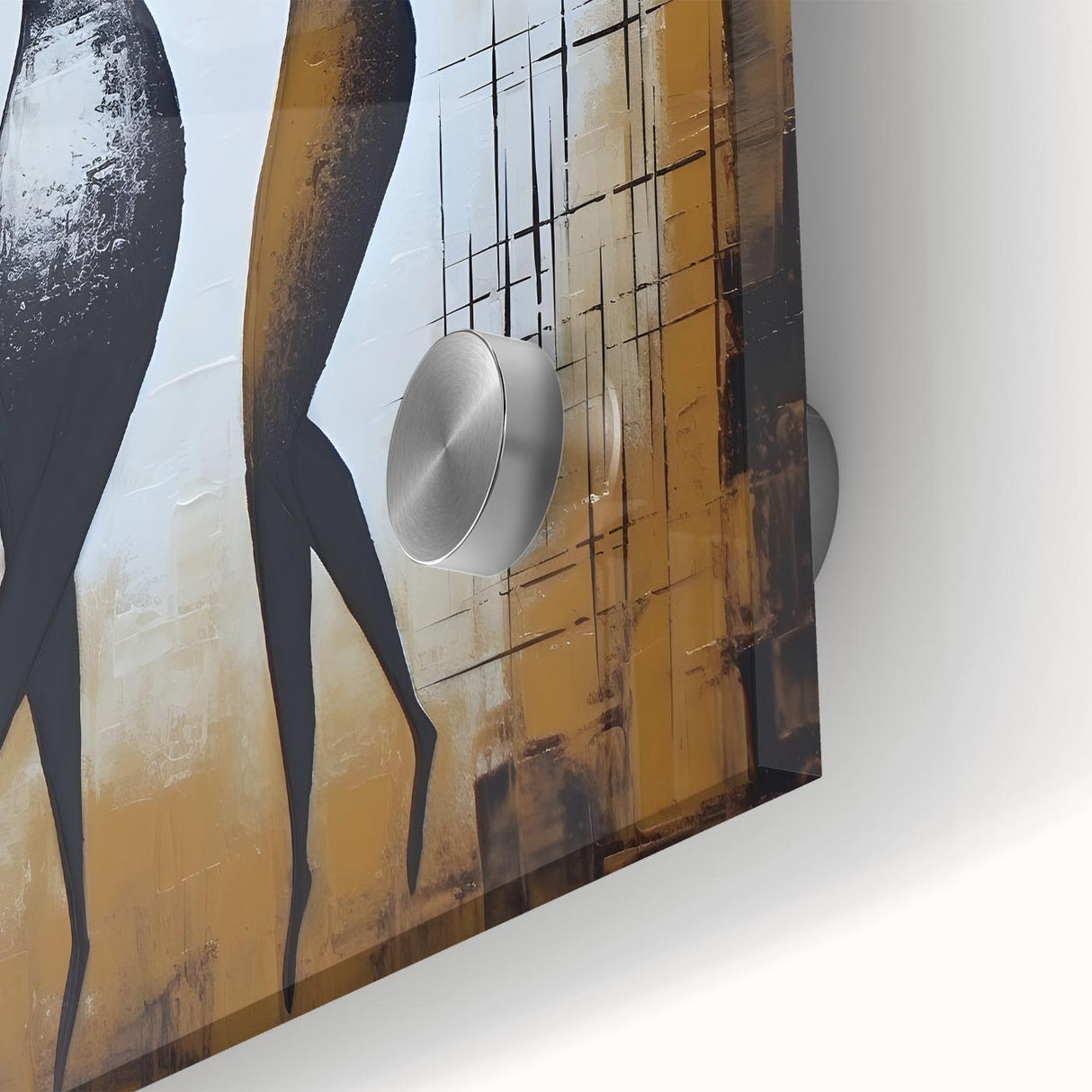 Close-up of an abstract figurative wall art design on acrylic glass, showcasing vibrant colors and fluid shapes, perfect for modern decor.