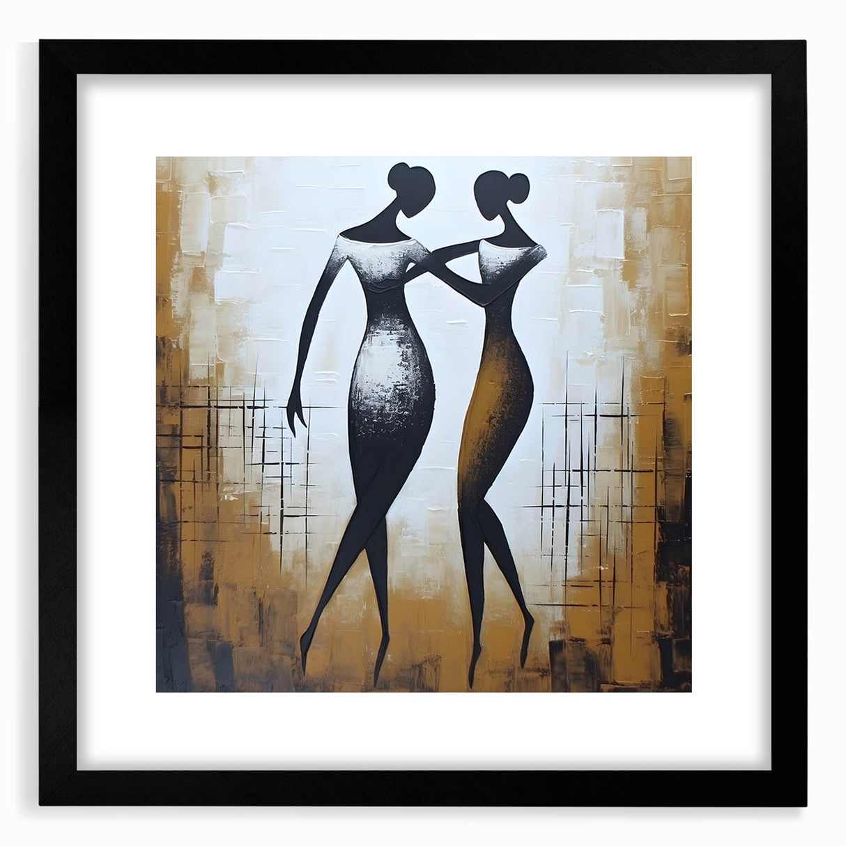 Framed abstract figurative wall art design featuring a modern black frame and mat, showcasing vibrant colors and dynamic shapes for contemporary decor.