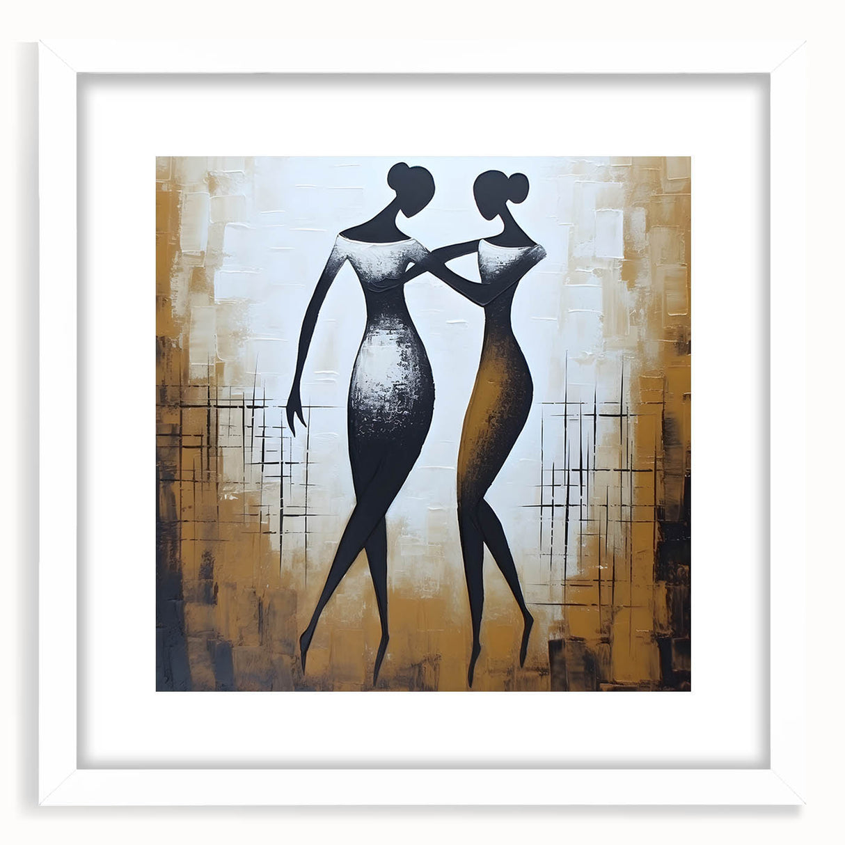 Abstract figurative wall art print showcasing vibrant colors and fluid shapes in a modern white frame, adding elegance to any decor.