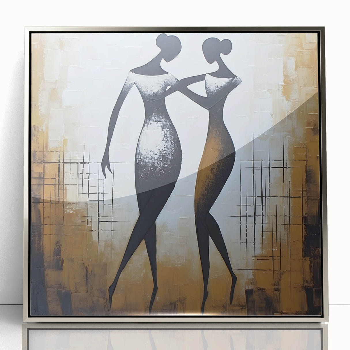 Framed abstract figurative wall art design featuring a silver acrylic front, showcasing dynamic shapes and modern artistic flair for contemporary decor.