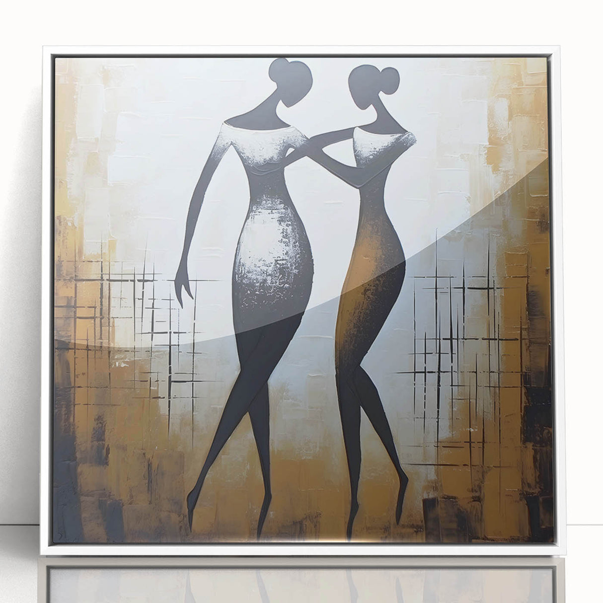 Framed abstract figurative wall art featuring vibrant colors and dynamic shapes, displayed against a white backdrop, adding a modern touch to any space.
