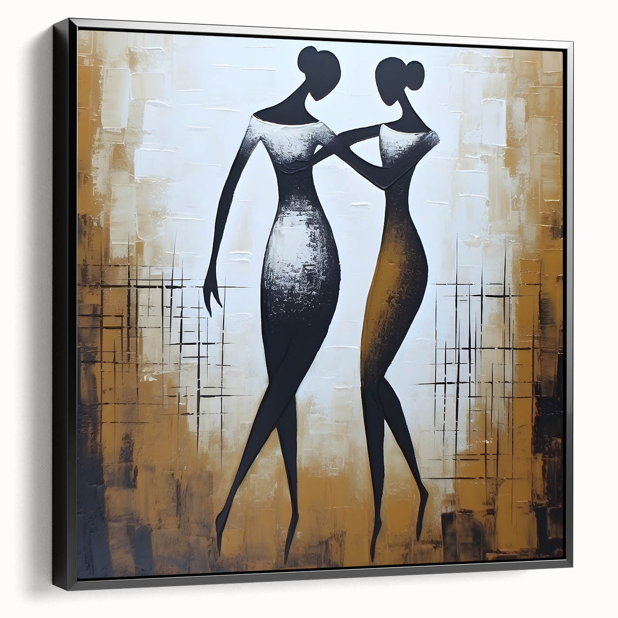 Framed abstract figurative wall art showcasing vibrant colors and dynamic shapes against a sleek black background, ideal for modern decor.