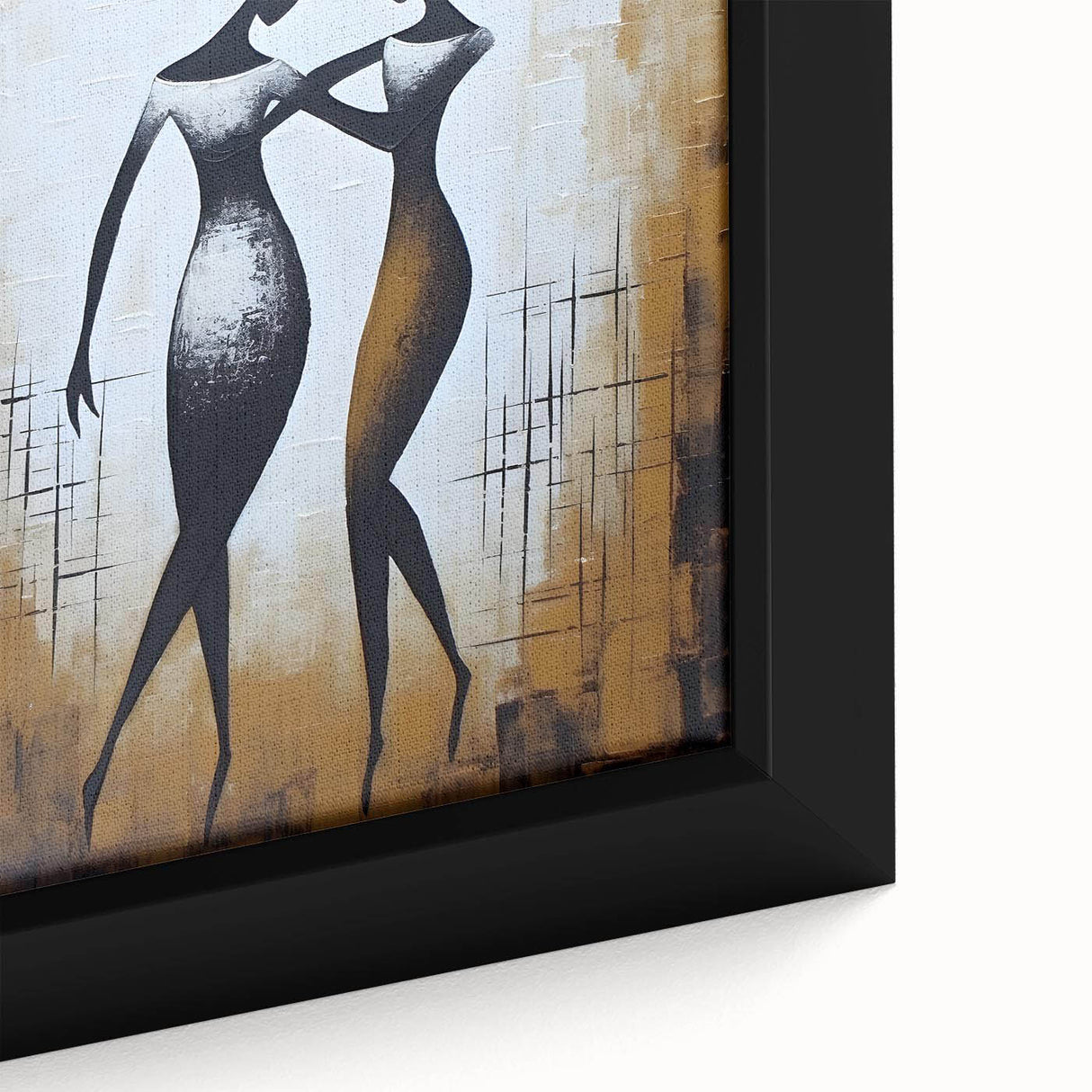 Close-up of a framed abstract figurative wall art piece showcasing vibrant colors and unique shapes, perfect for modern home decor.