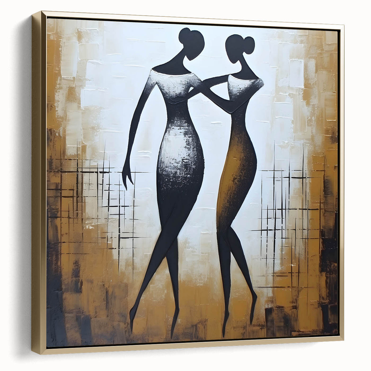 Framed abstract figurative wall art featuring a gold and black design, showcasing elegant curves and modern aesthetics, ideal for contemporary decor.