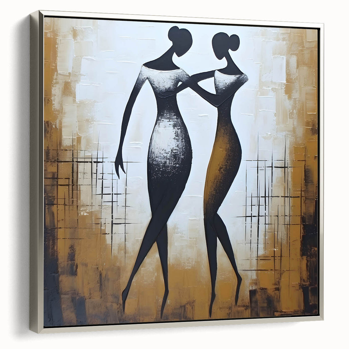 Framed abstract figurative wall art design in silver, showcasing a modern aesthetic with vibrant colors and dynamic shapes, ideal for contemporary decor.