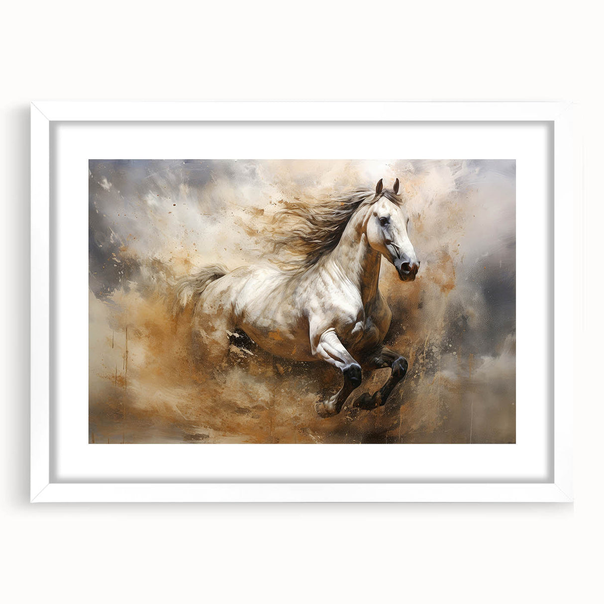 Framed abstract figurative wall art featuring vibrant colors and unique shapes, set in a sleek white frame with a matte finish.