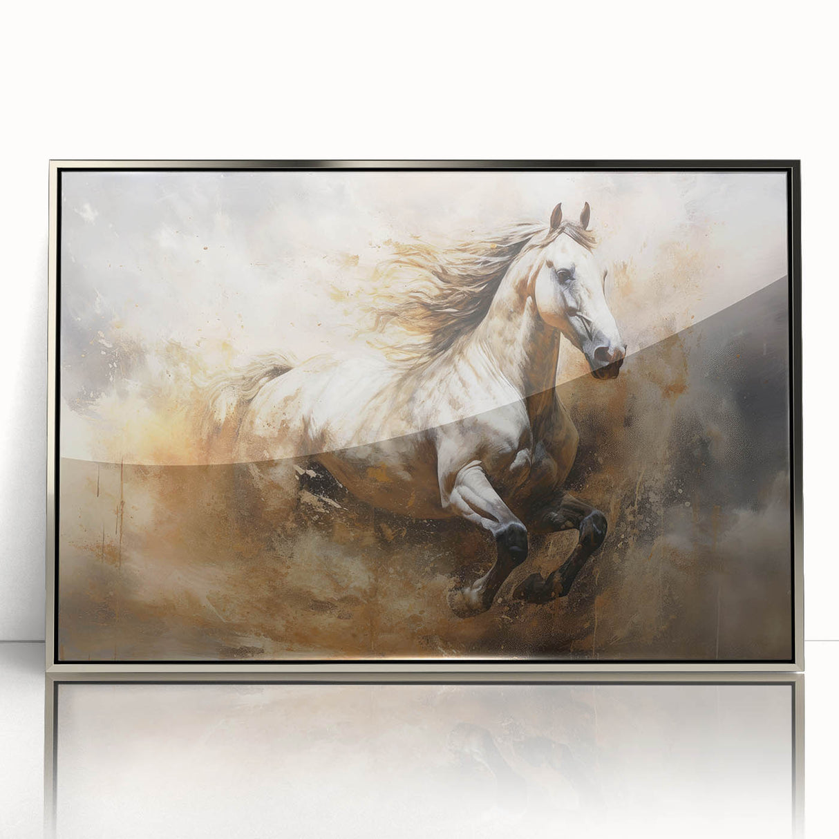 Framed abstract figurative wall art in a sleek silver frame, showcasing vibrant colors and dynamic shapes, perfect for modern decor.