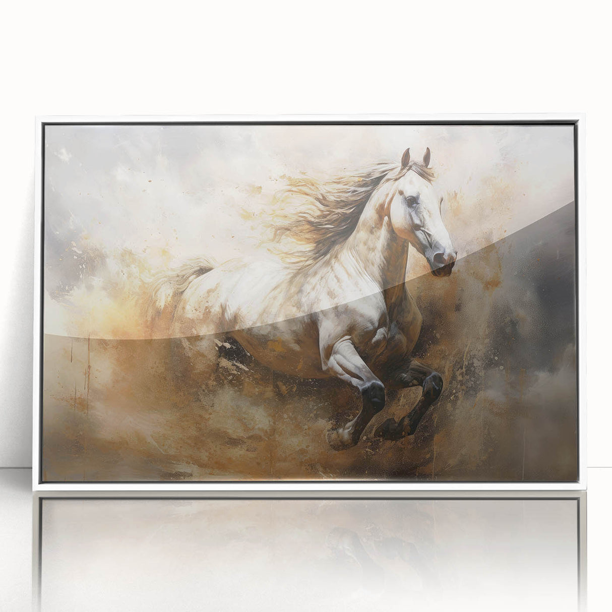 Framed abstract figurative wall art with vibrant colors and dynamic shapes, presented in a sleek white frame, ideal for modern decor.