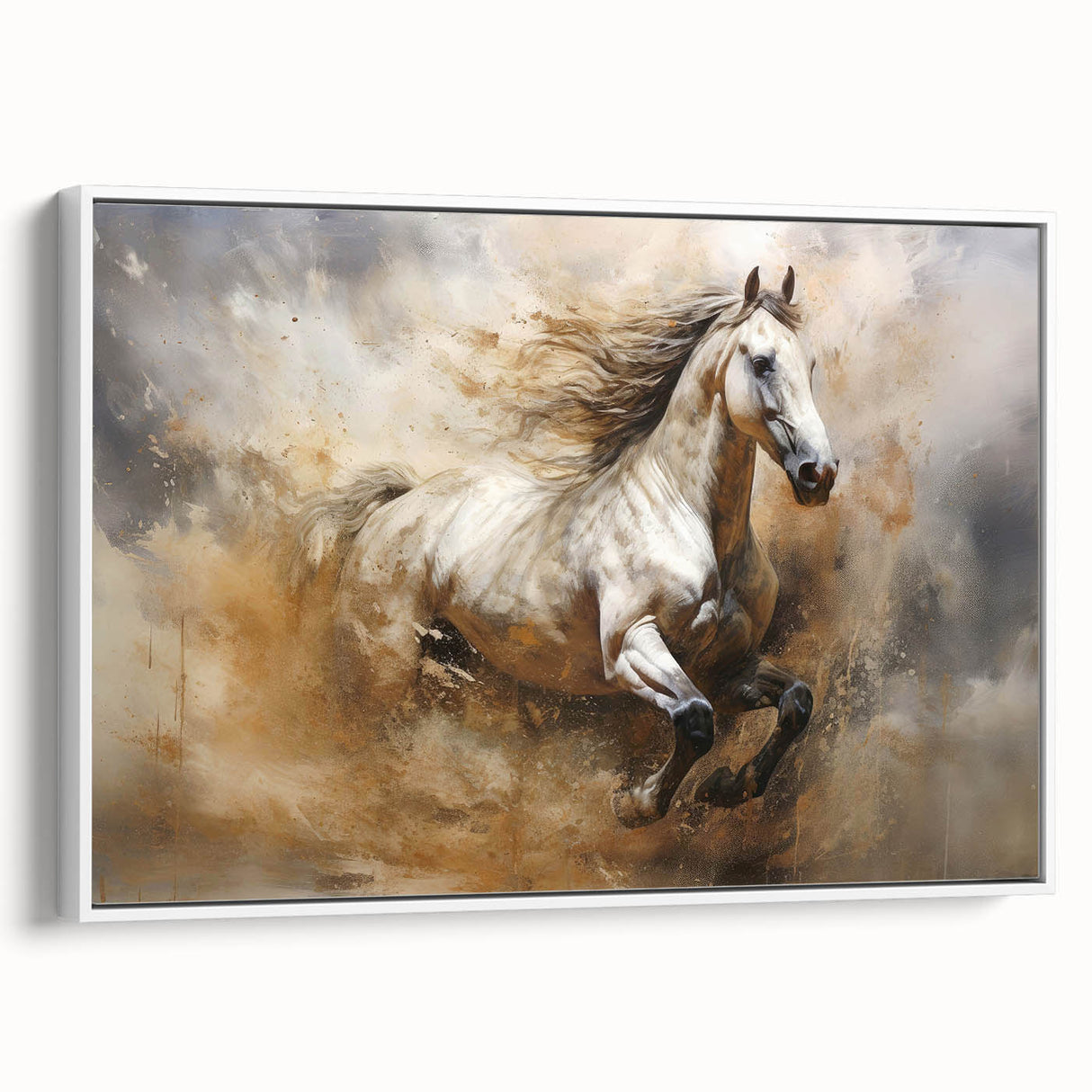 Framed abstract figurative wall art in a modern design, showcasing vibrant colors and dynamic shapes, set against a white background.