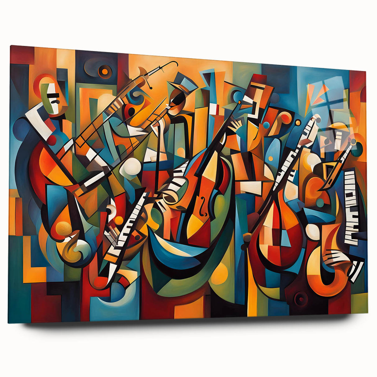 Abstract figurative wall art design showcased in acrylic glass, featuring vibrant colors and dynamic shapes, ideal for modern decor.