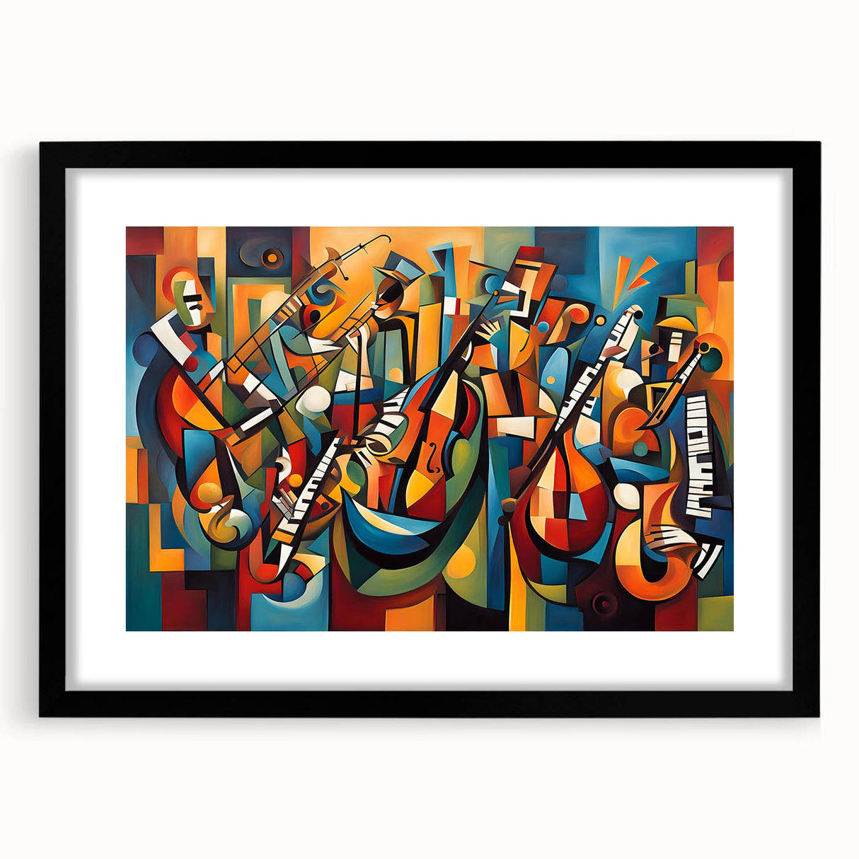 Framed abstract figurative wall art in black, showcasing vibrant colors and modern design elements, perfect for contemporary home decor.