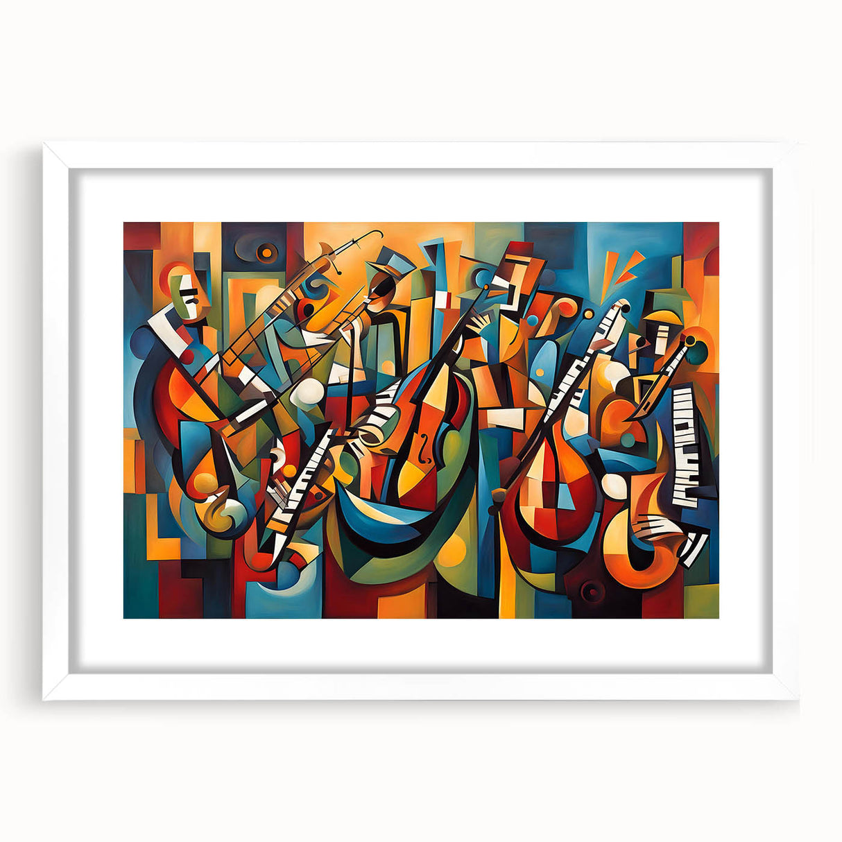 Framed abstract figurative wall art design with a white mat, showcasing vibrant colors and unique shapes, perfect for modern decor.