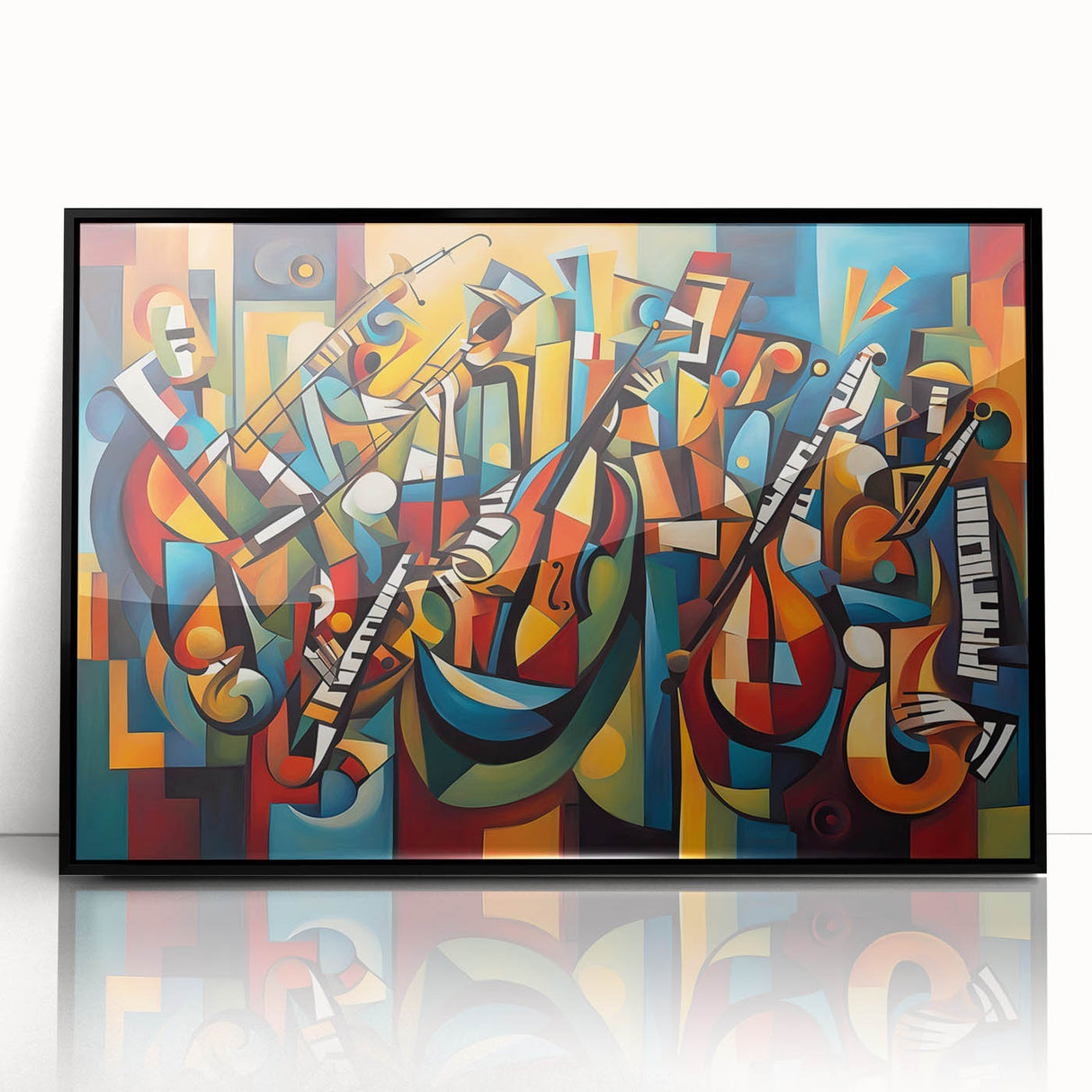 Framed abstract figurative wall art collection showcasing vibrant colors and intricate designs, presented in a sleek black frame for modern decor.