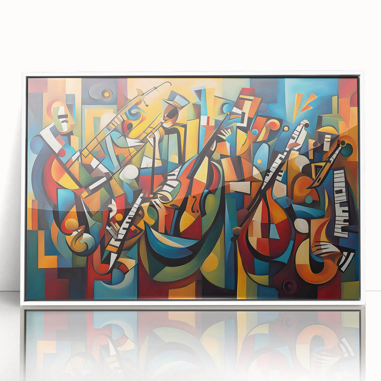 Framed abstract figurative wall art design in a sleek white frame, showcasing vibrant colors and dynamic shapes, ideal for modern decor.