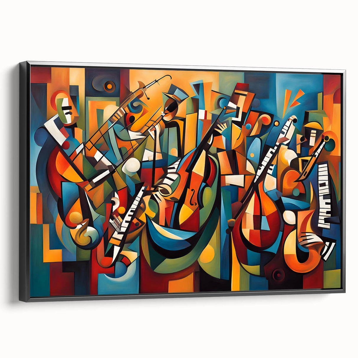 Framed abstract figurative wall art featuring a monochromatic design with bold shapes and lines, showcased against a black backdrop.