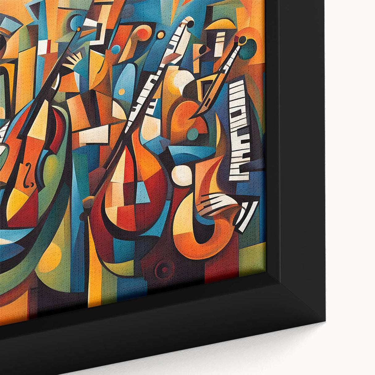 Close-up of framed abstract figurative wall art featuring vibrant colors and dynamic shapes, showcasing intricate textures and details.