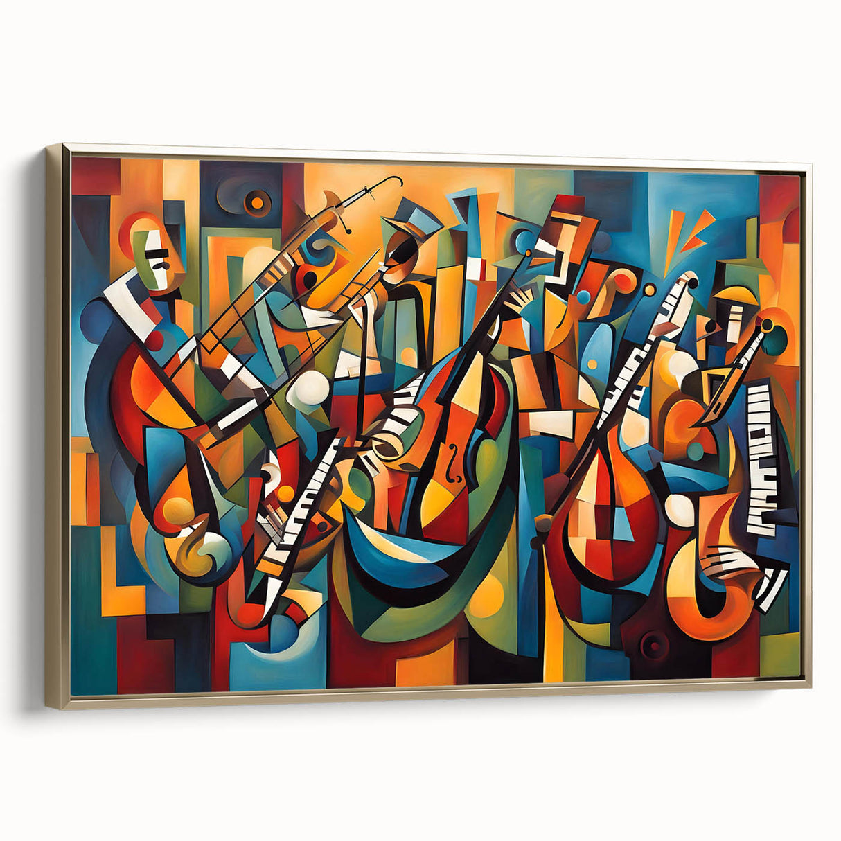 Framed abstract figurative wall art piece showcasing a dynamic gold and black design, adding a modern touch to any decor setting.