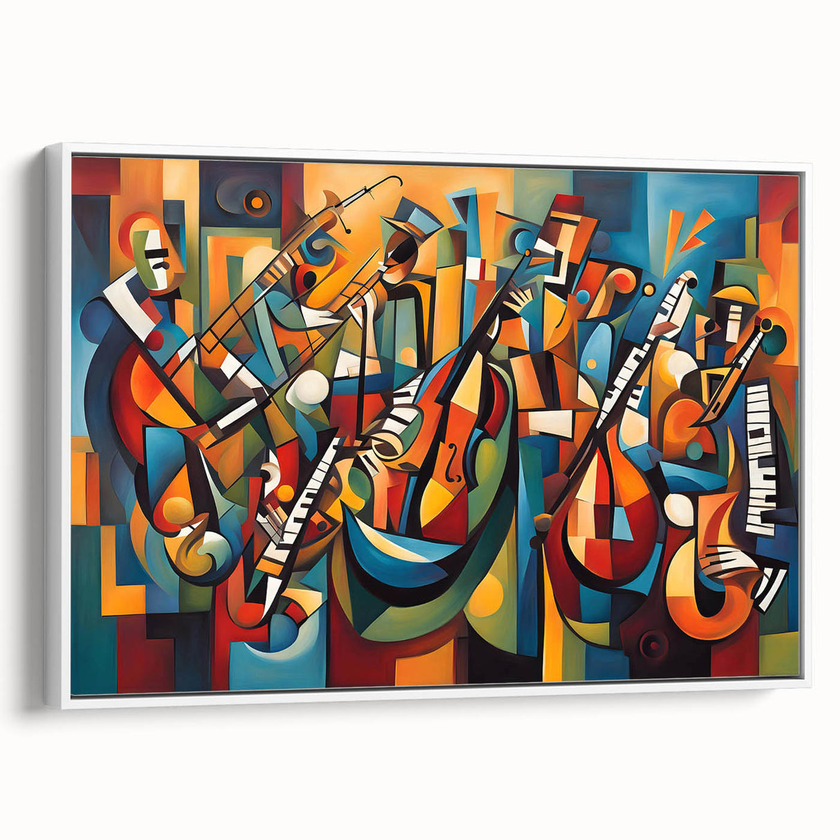 Framed abstract figurative wall art in a sleek white frame, showcasing vibrant colors and dynamic shapes, ideal for modern decor.