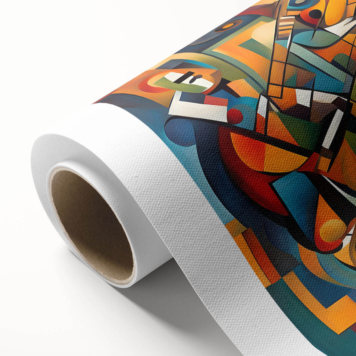 Abstract figurative wall art design on rolled canvas, showcasing vibrant colors and dynamic shapes, ideal for modern interior decor.