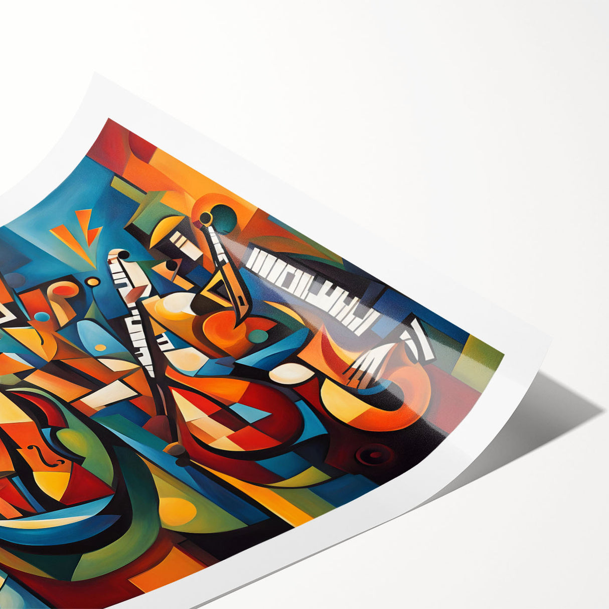 Abstract figurative wall art print showcasing vibrant colors and dynamic shapes, rolled for easy shipping and ready for framing.
