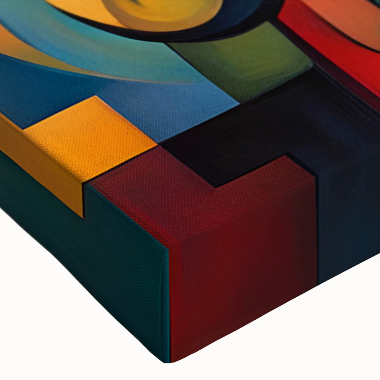 Close-up of an abstract figurative canvas wall art design showcasing vibrant colors and dynamic shapes, perfect for modern decor.