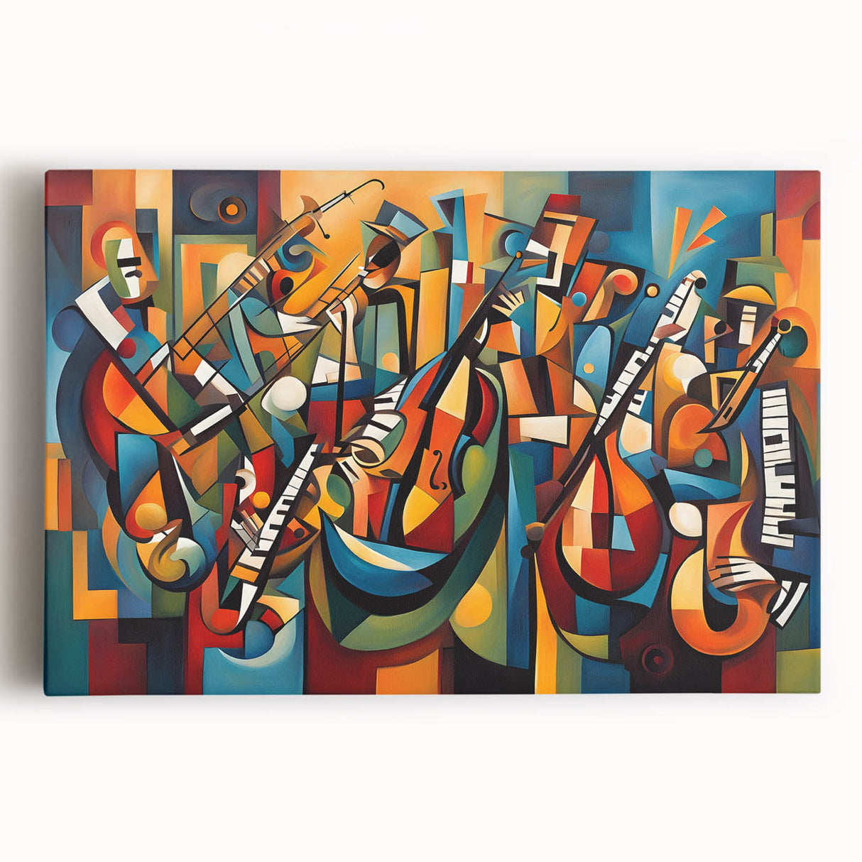 Abstract figurative wall art design on stretched canvas, showcasing vibrant colors and fluid shapes, ideal for modern interior decor.