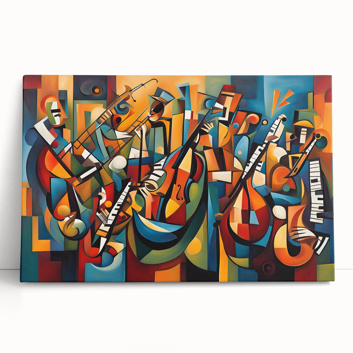 Abstract figurative wall art collection displayed on stretched canvas, showcasing vibrant colors and dynamic shapes that enhance modern decor.
