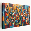 Abstract figurative wall art design on stretched canvas, showcasing vibrant colors and dynamic shapes, ideal for modern home decor.