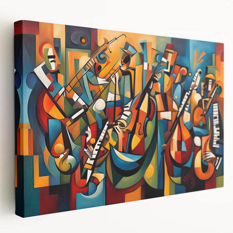 Abstract figurative wall art design on stretched canvas, showcasing vibrant colors and dynamic shapes, ideal for modern home decor.