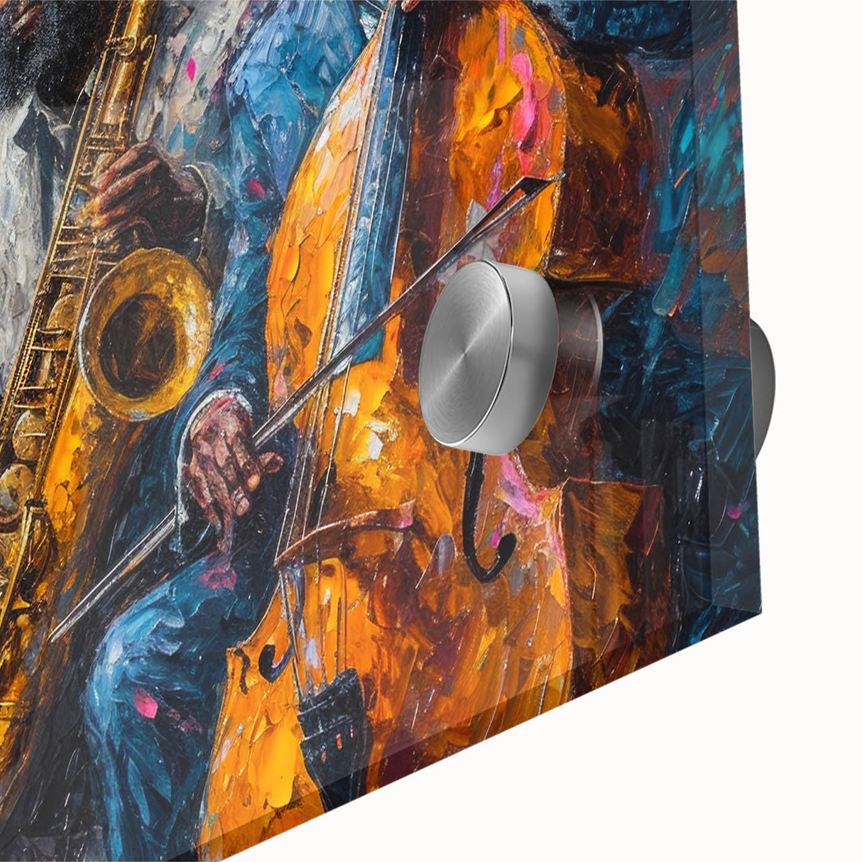 Close-up of an abstract figurative wall art piece, showcasing vibrant colors and fluid shapes on acrylic glass, perfect for modern decor.