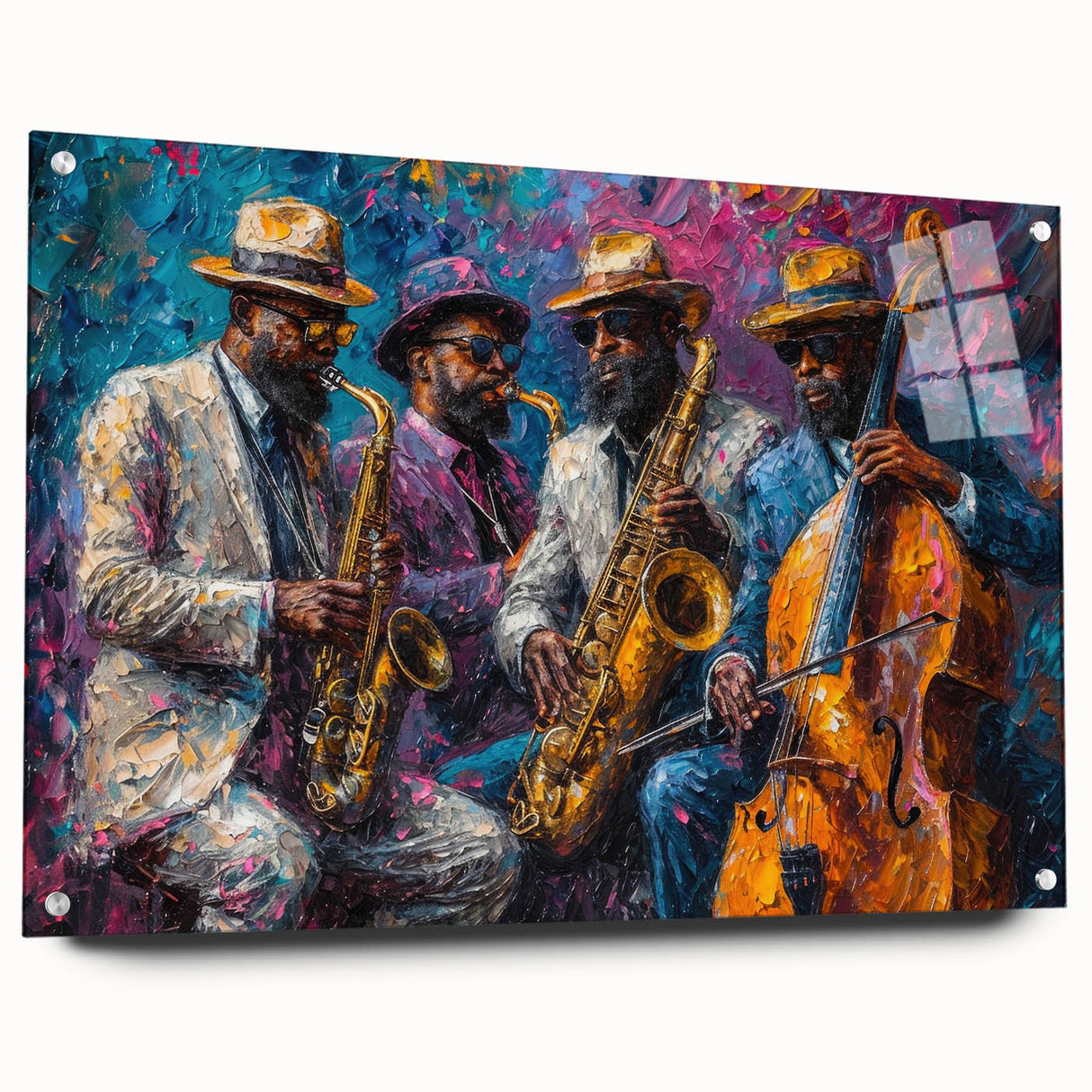 Acrylic glass wall art collection showcasing an abstract figurative design with vibrant colors and a modern aesthetic, displayed with pins for an elegant side view.