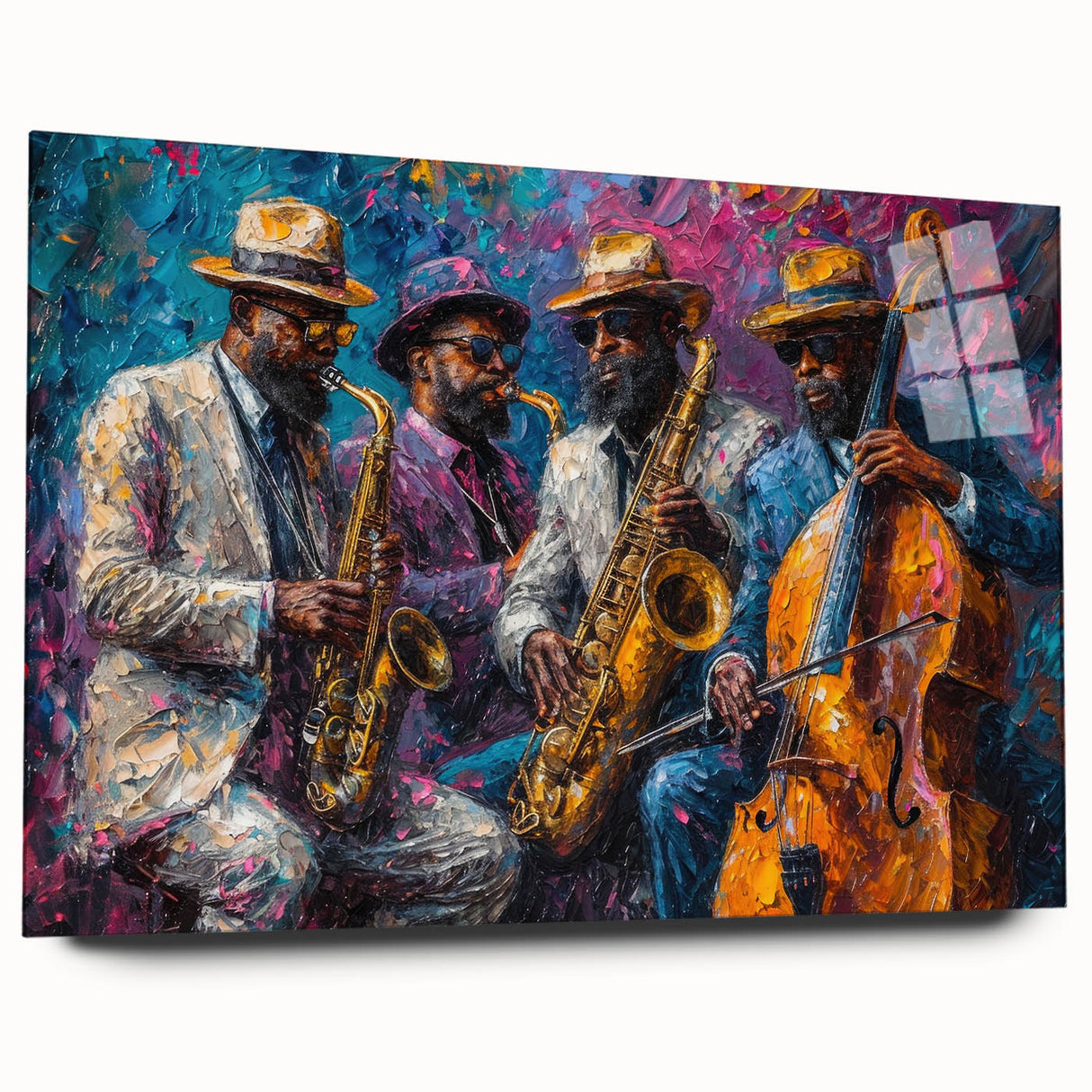 Abstract figurative wall art collection displayed in sleek acrylic glass, showcasing vibrant colors and modern design elements from a side view.