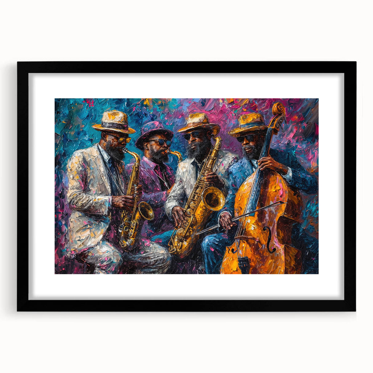 Framed abstract figurative wall art design showcasing vibrant colors and unique shapes, set in a sleek black frame with a mat.