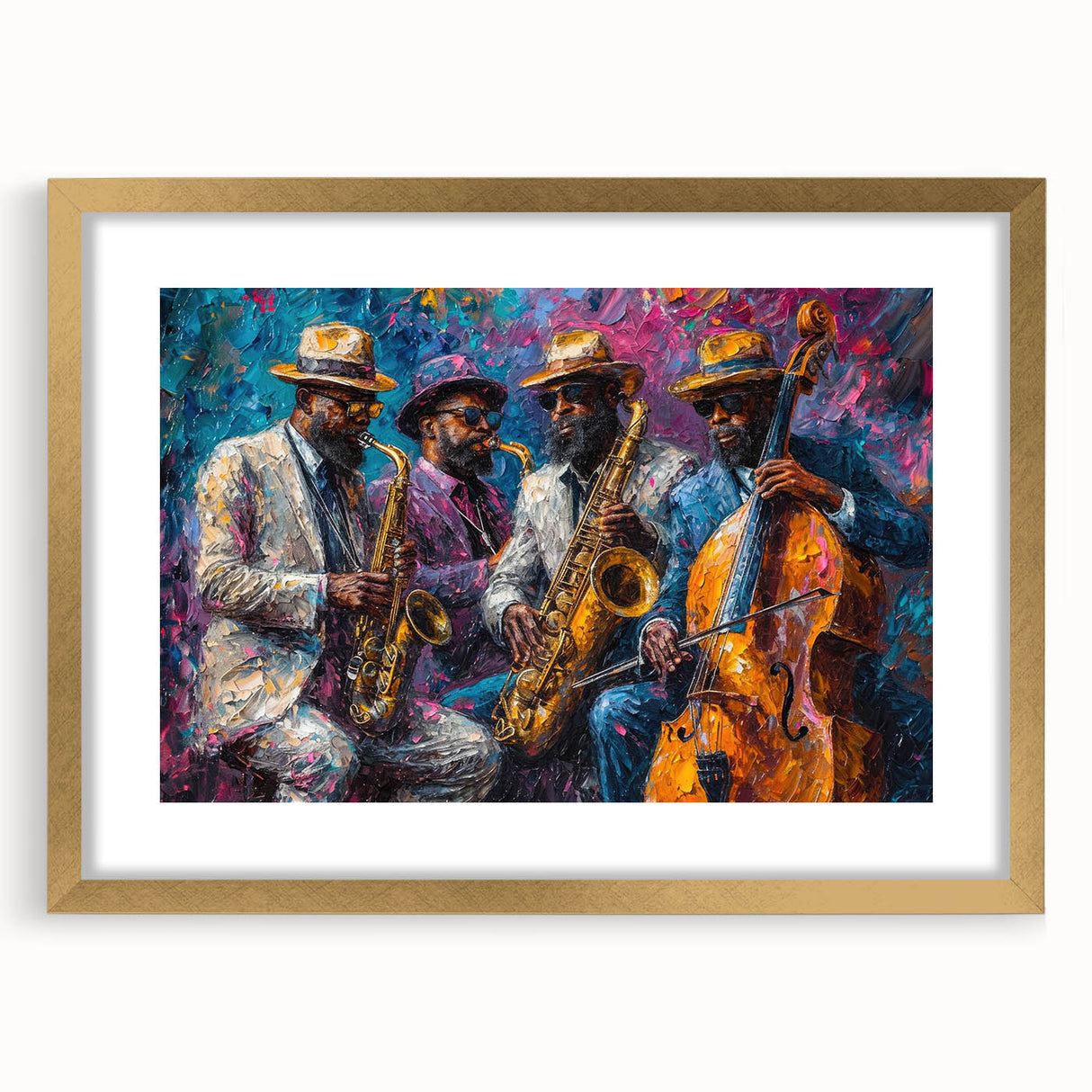 Abstract figurative wall art design featuring a gold frame with matting, showcasing vibrant colors and unique shapes for modern decor.