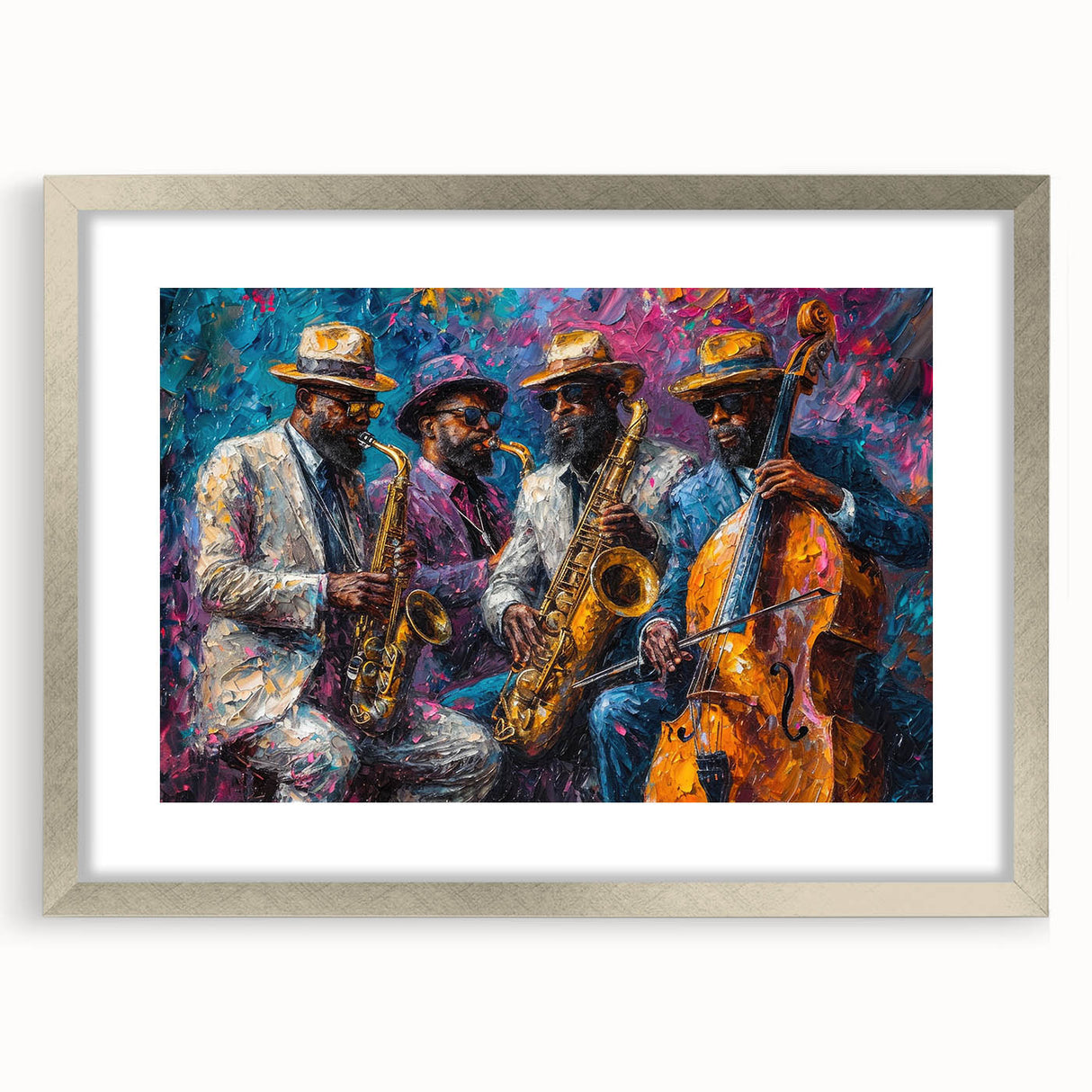 Framed abstract figurative wall art with a silver mat, showcasing colorful shapes and dynamic patterns, perfect for modern decor.