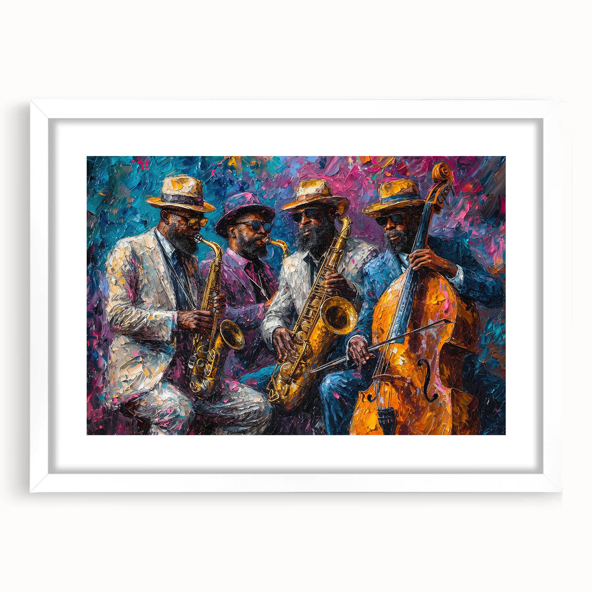 Framed abstract figurative wall art showcasing dynamic shapes in soft pastel colors, highlighted by a sleek white mat and frame, ideal for modern decor.