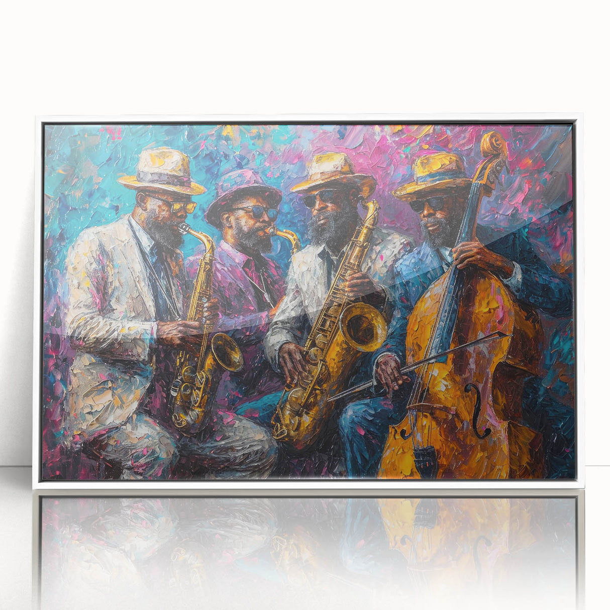 Framed abstract figurative wall art design showcasing vibrant colors and bold shapes in a sleek white frame, ideal for modern decor.