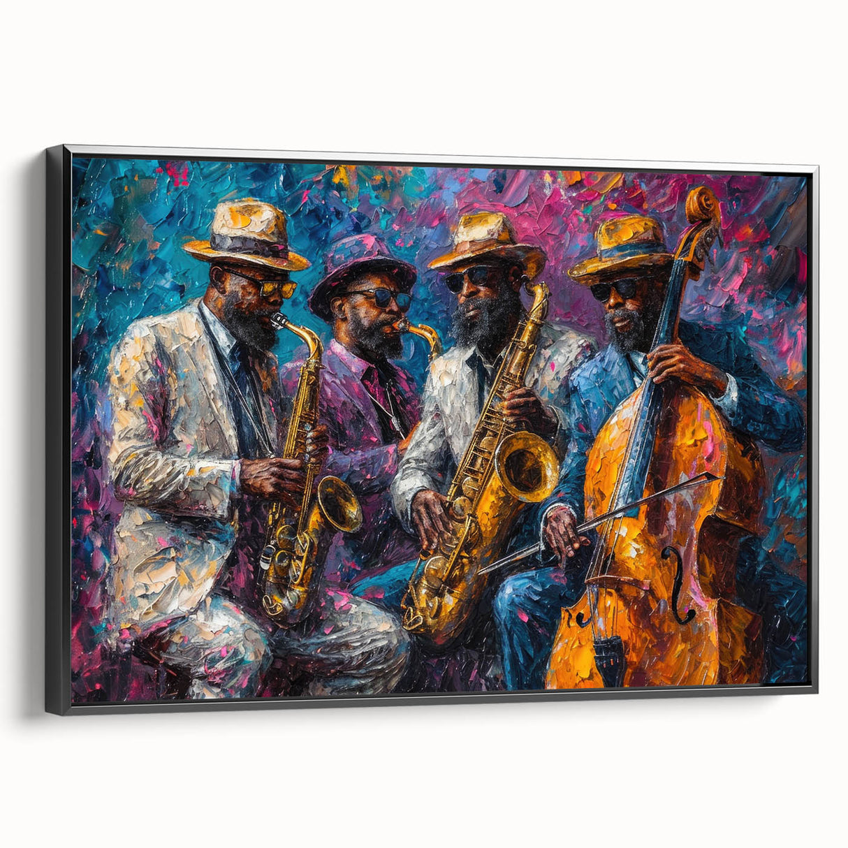 Framed abstract figurative wall art in a sleek black frame, showcasing vibrant colors and dynamic shapes, perfect for modern decor.