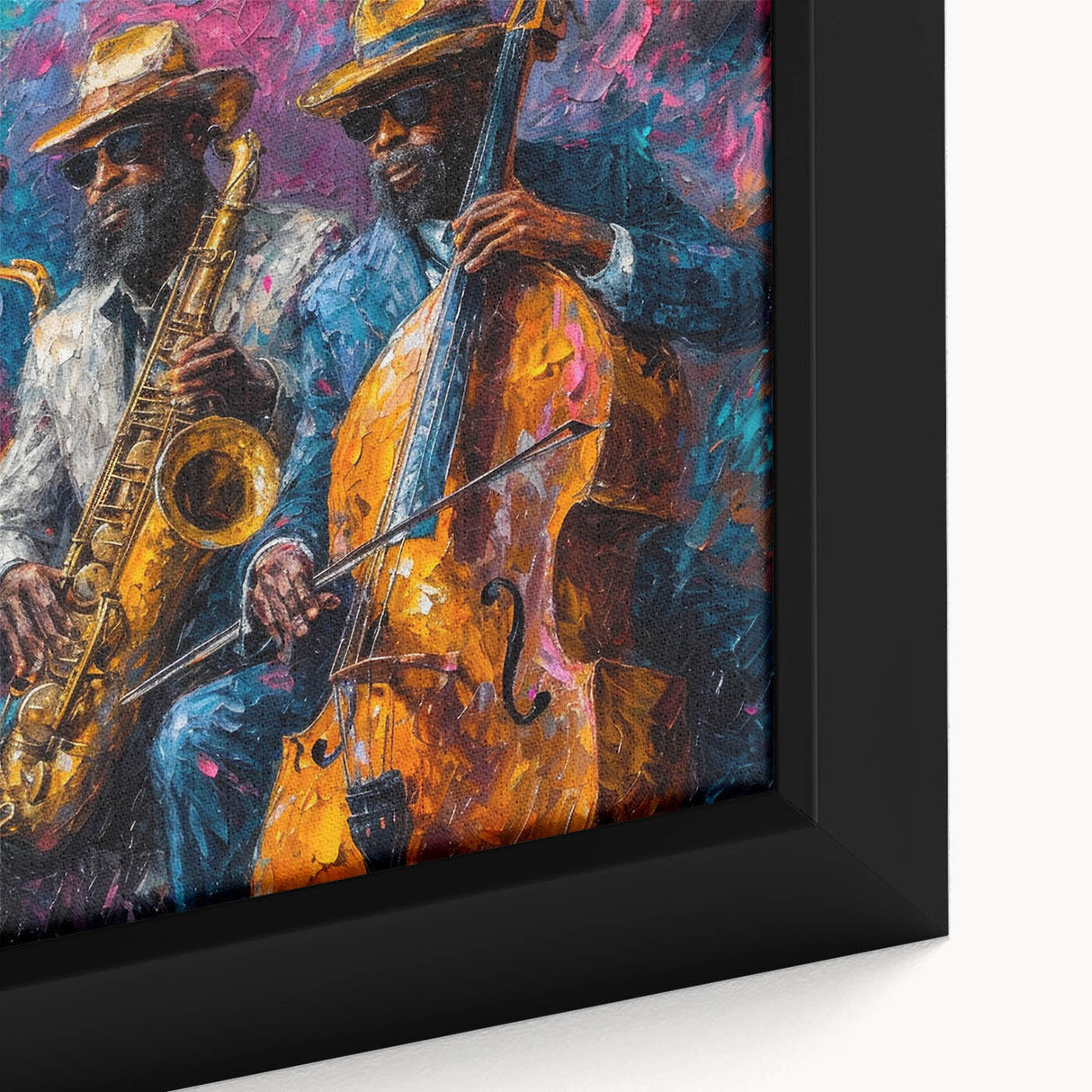 Close-up of an abstract figurative wall art piece showcasing vibrant colors and dynamic shapes, framed in a sleek black frame for a modern touch.