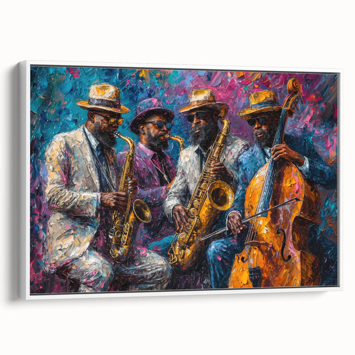 Framed abstract figurative wall art in a sleek white frame, showcasing vibrant colors and dynamic shapes, ideal for modern decor.