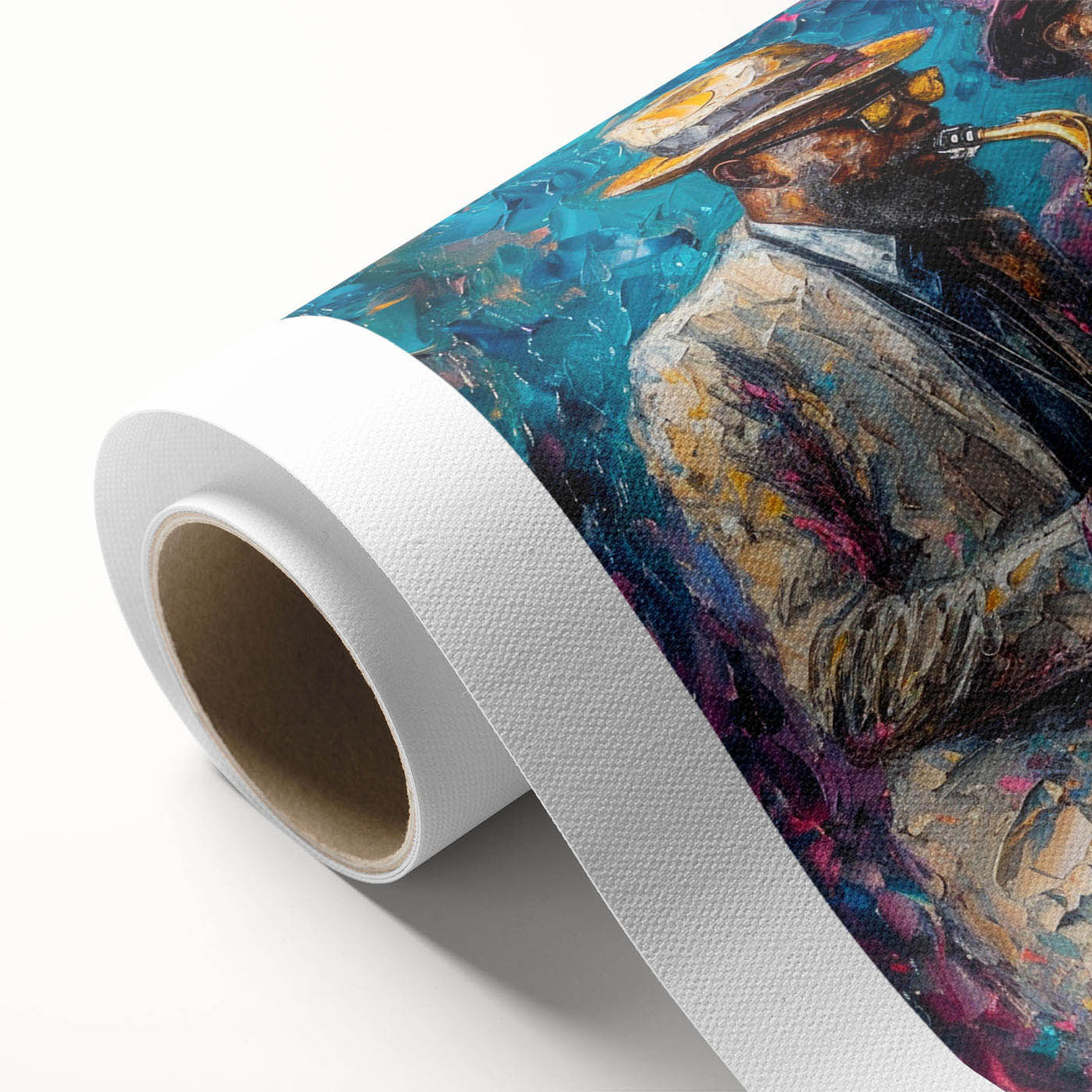 Rolled canvas art showcasing an abstract figurative design with vibrant colors and dynamic shapes, ideal for modern home decor enhancement.