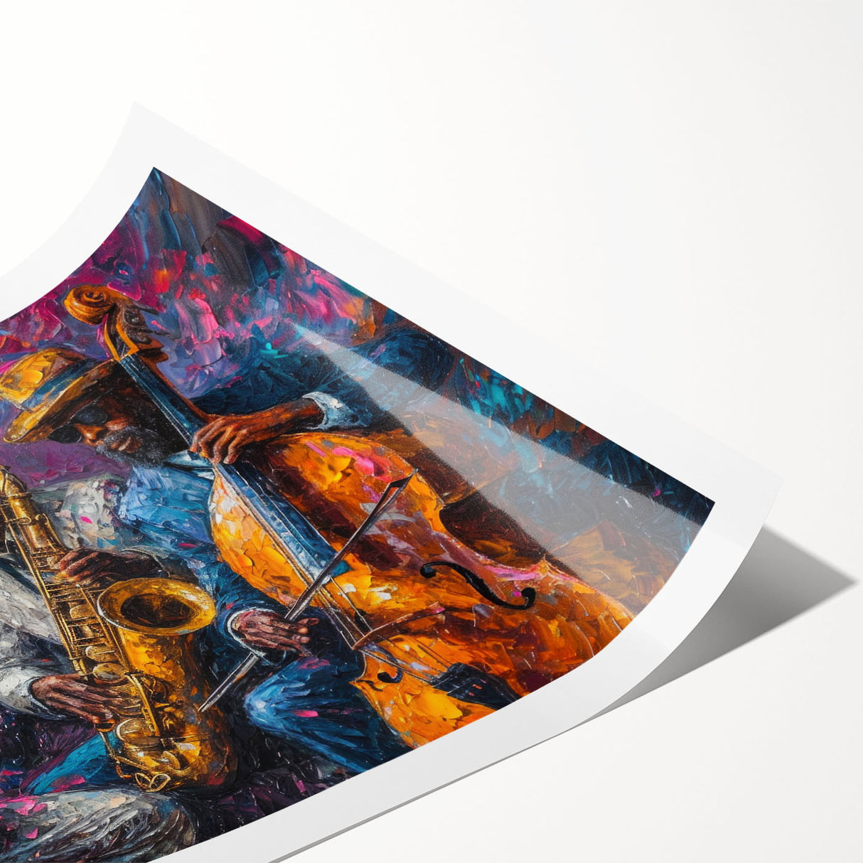 Abstract figurative wall art print showcasing vibrant colors and dynamic shapes, perfect for modern home decor or creative spaces.