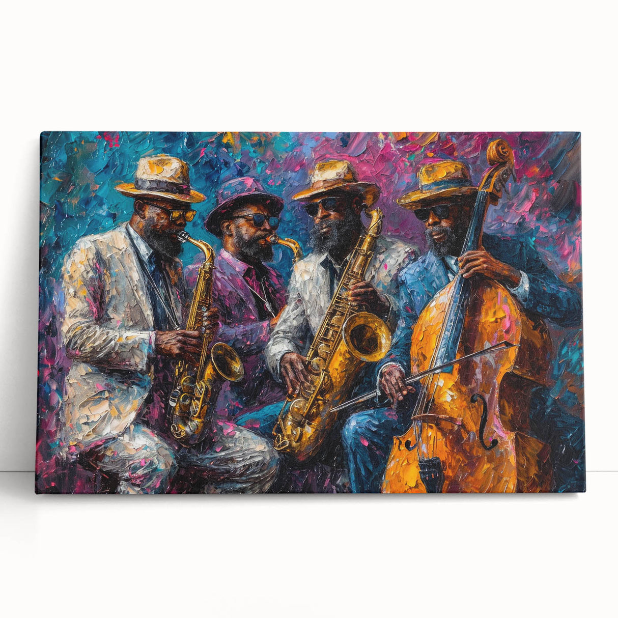 Abstract figurative wall art collection displayed on a stretched canvas, featuring vibrant colors and modern design elements, perfect for contemporary decor.