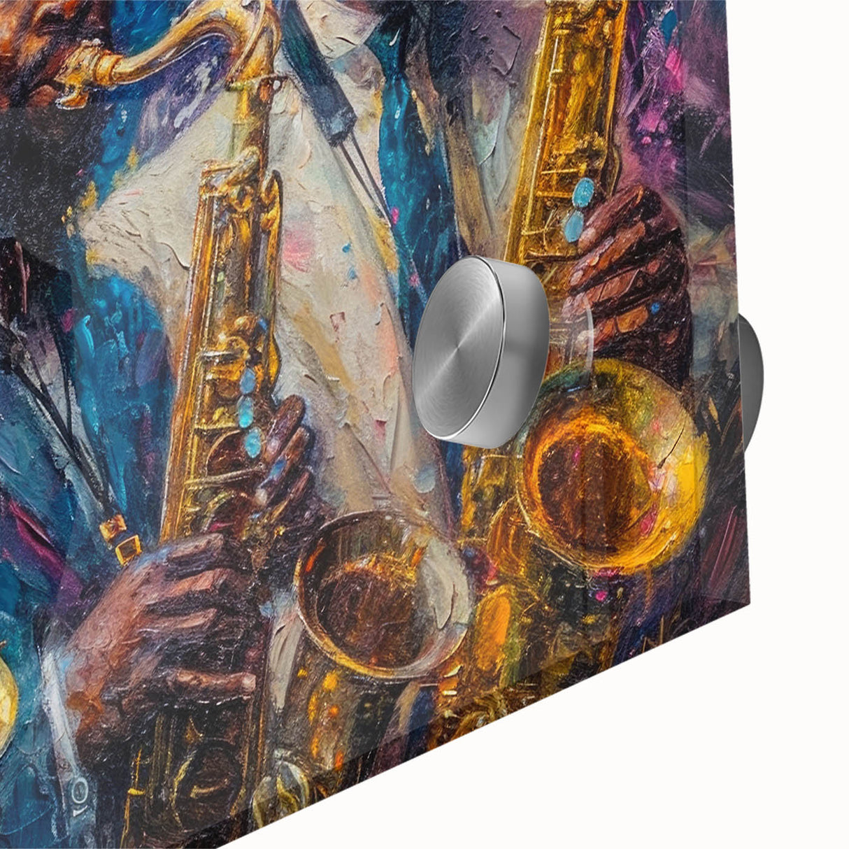 Close-up of abstract figurative wall art design showcasing vibrant colors and intricate details on acrylic glass, ideal for modern decor.