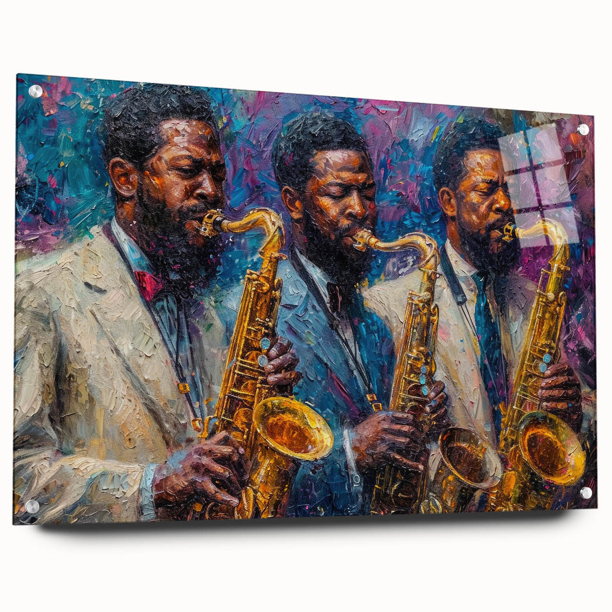 Abstract figurative wall art design showcasing vibrant colors and dynamic shapes, presented with acrylic glass and decorative pins for a modern touch.