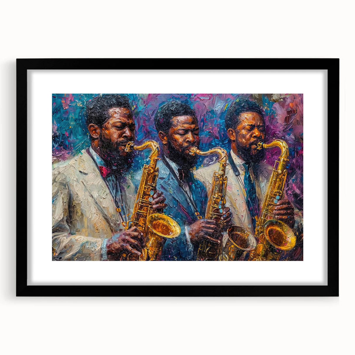 Abstract figurative wall art design with a sleek black frame and mat, showcasing vibrant colors and modern shapes, perfect for contemporary decor.