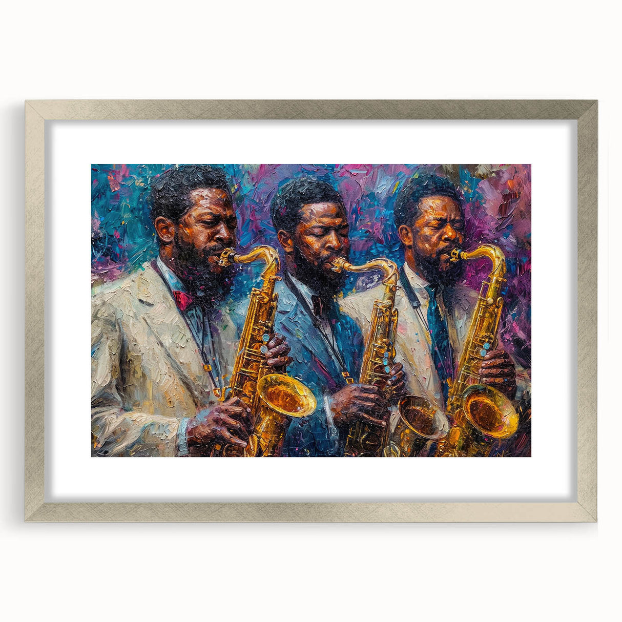 Framed abstract figurative wall art design showcasing vibrant colors and dynamic shapes, presented in a sleek silver frame with a mat.